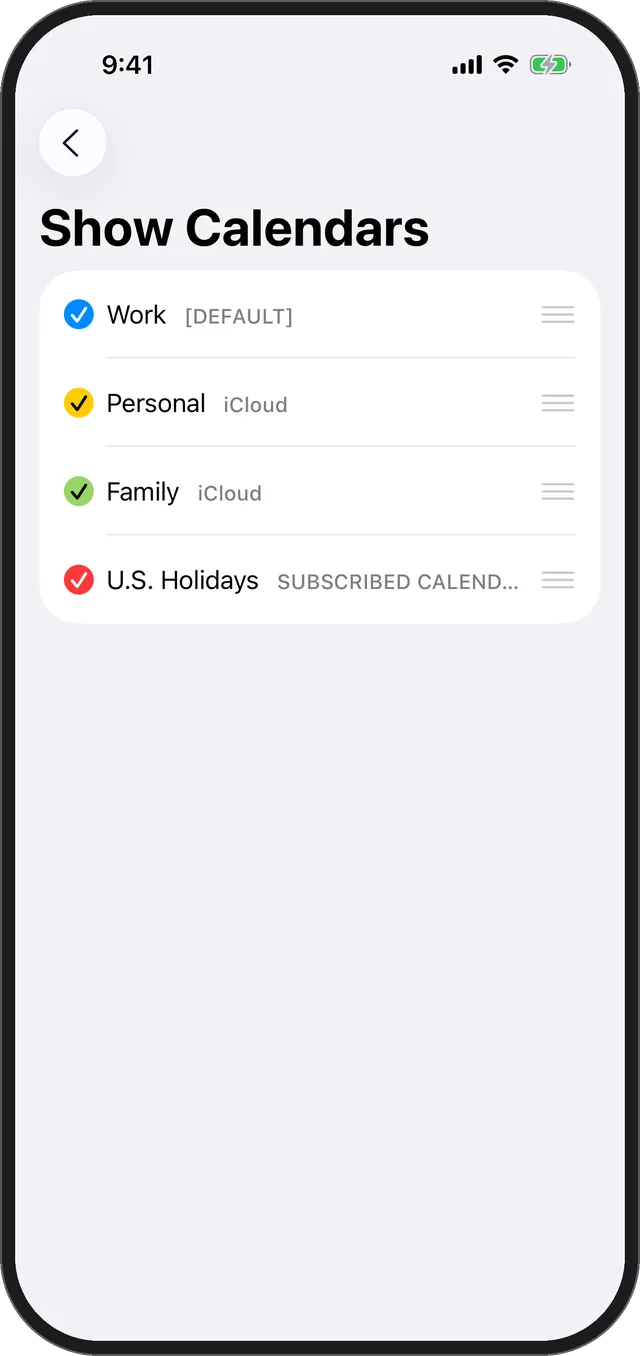 The Show Calendars screen with a reorder handle at the right of each row